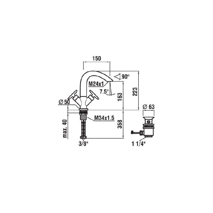 Смеситель для раковины, Laufen, Curve Prime, тип открывания воды-двухвентильный, тип регулирования воды-керамическая кран-букса, монтаж-на раковину/столешницу, отверстия для монтажа-1, высота, мм-223, вынос излива, мм-150, тип излива-поворотный, донный кл