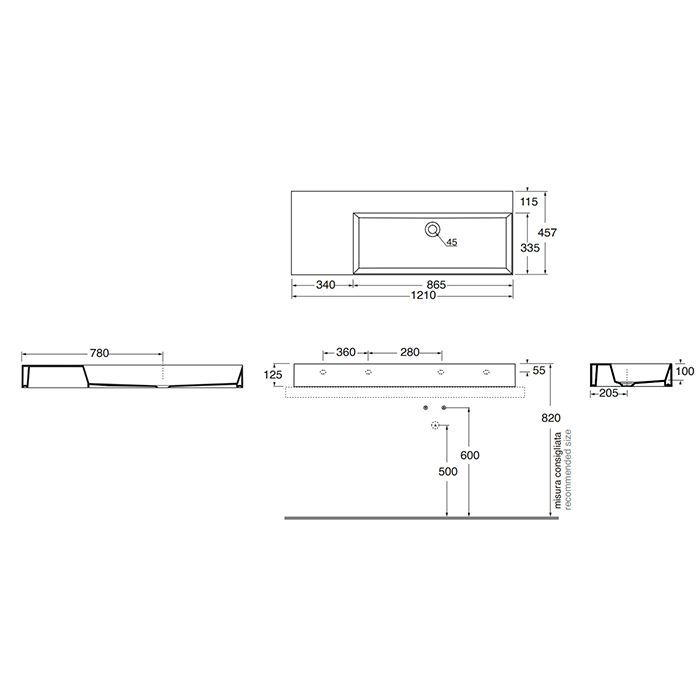 AZZURRA ELEGANCE Squared Раковина подвесная/накладная  122х46х12,5 см без отв. версия левая, под смеситель , цвет белый AZZURRA ELEGANCE Squared Раковина подвесная/накладная  122х46х12,5 см без отв. версия левая, под смеситель , цвет белый
