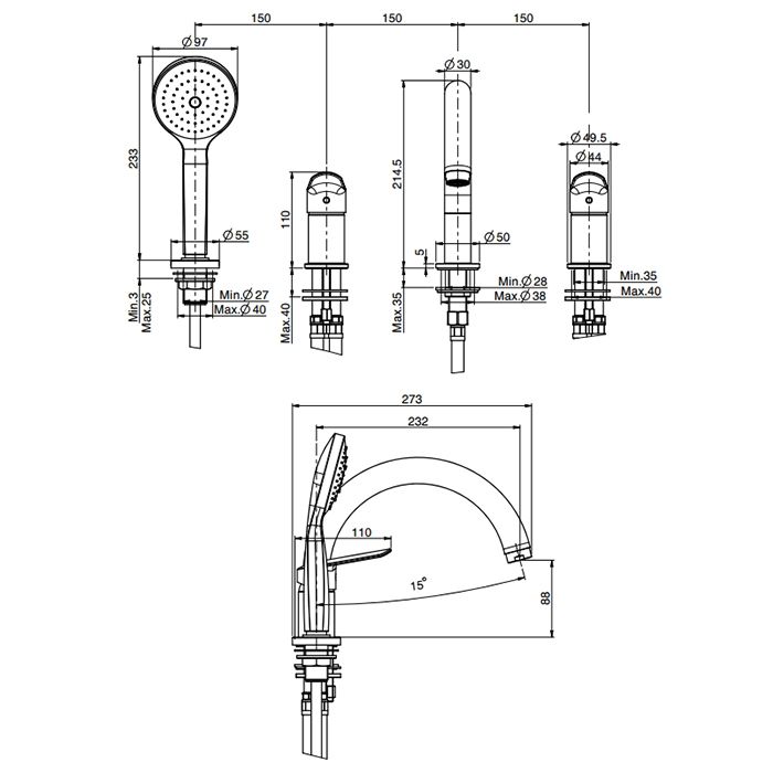 Fima Carlo Frattini Spot Смеситель на борт ванны, на 3 отв., с ручным душем, цвет: хром