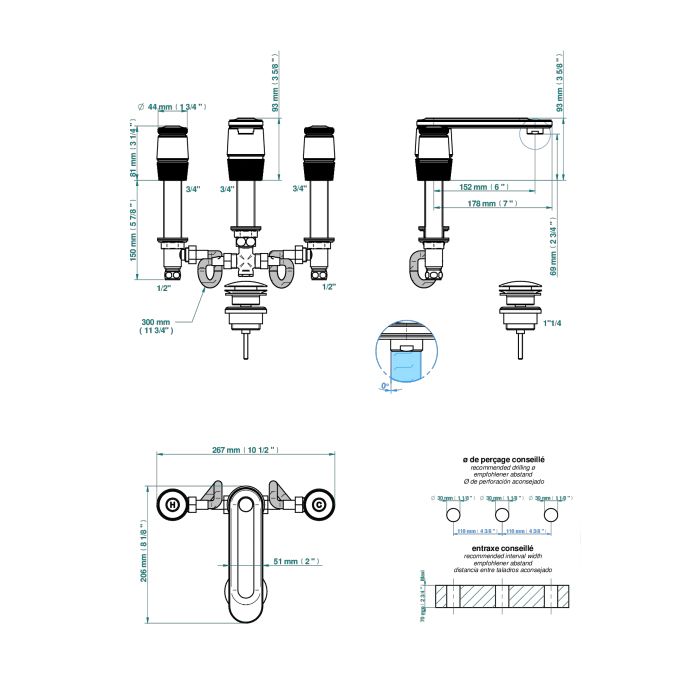 THG CORVAIR Смеситель для раковины на 3 отверстия, для установки на мраморную столешницу, с донным клапаном, цвет полированное золото