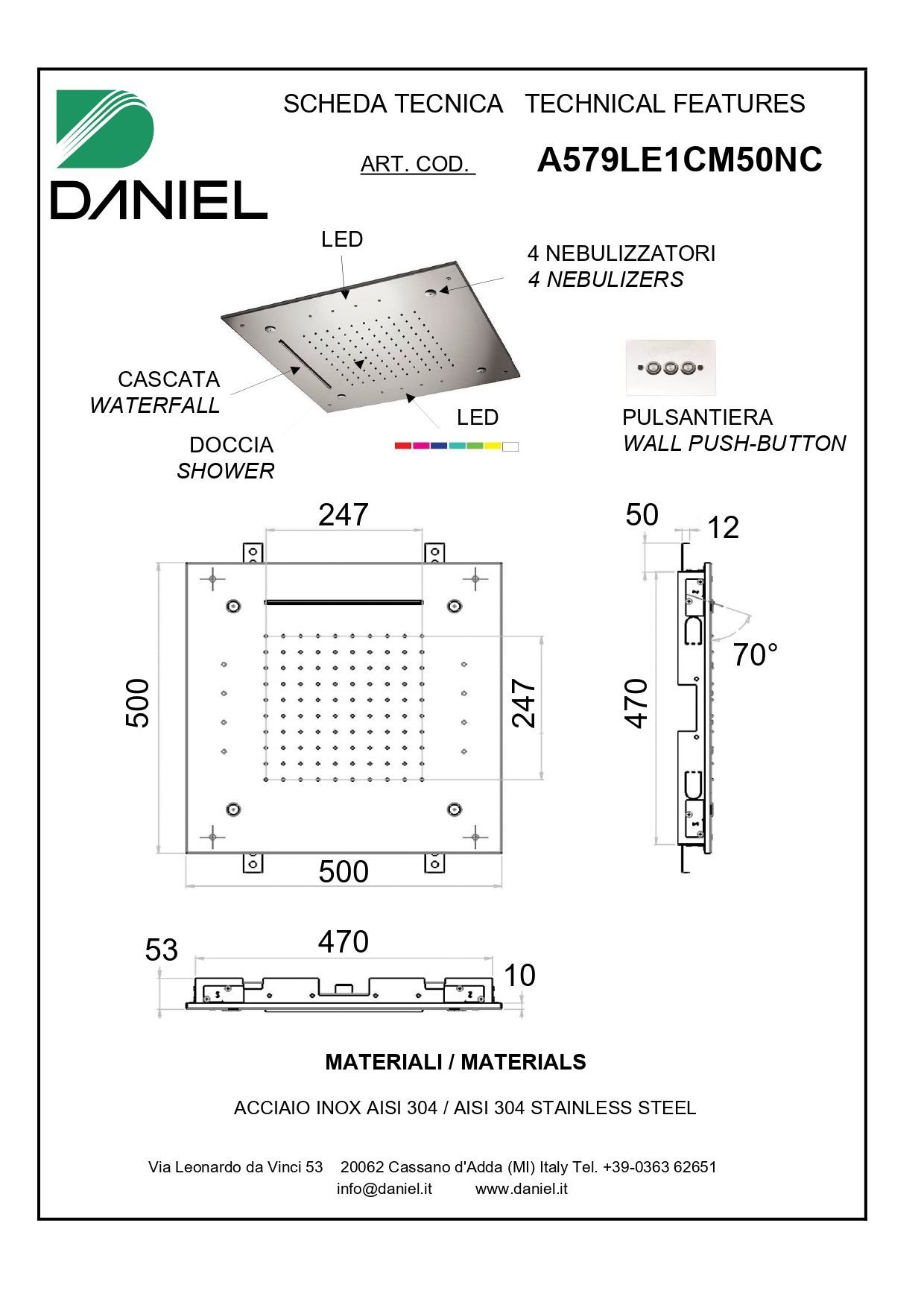Daniel, потолочная лейка для душа (3х режимная) с 7 цветной светодиодной подсветкой, диаметр 500 мм, цвет хром
