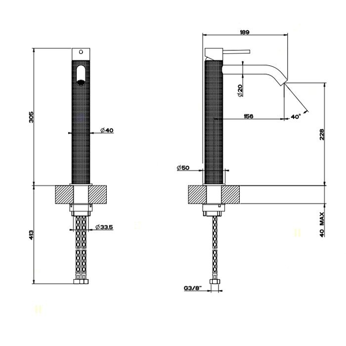 GESSI 316 Смеситель для раковины на 1 отверстие, высокий, h=305мм, без донного клапана, излив 156мм, цвет: steel brushed