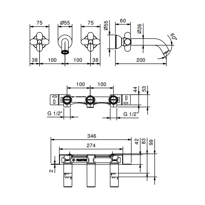 FANTINI I BALOCCHI Смеситель для раковины настенный, двухвентильный, излив 200 мм., внешняя часть, цвет черный матовый