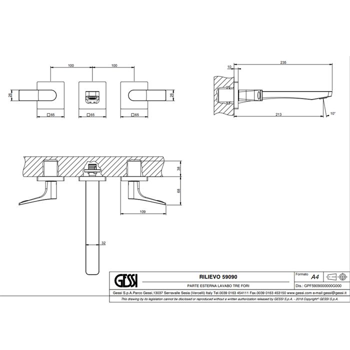 GESSI Rilievo Встраиваемый смеситель для раковины на 3 отв, с изливом 213мм (внешние части), цвет: хром