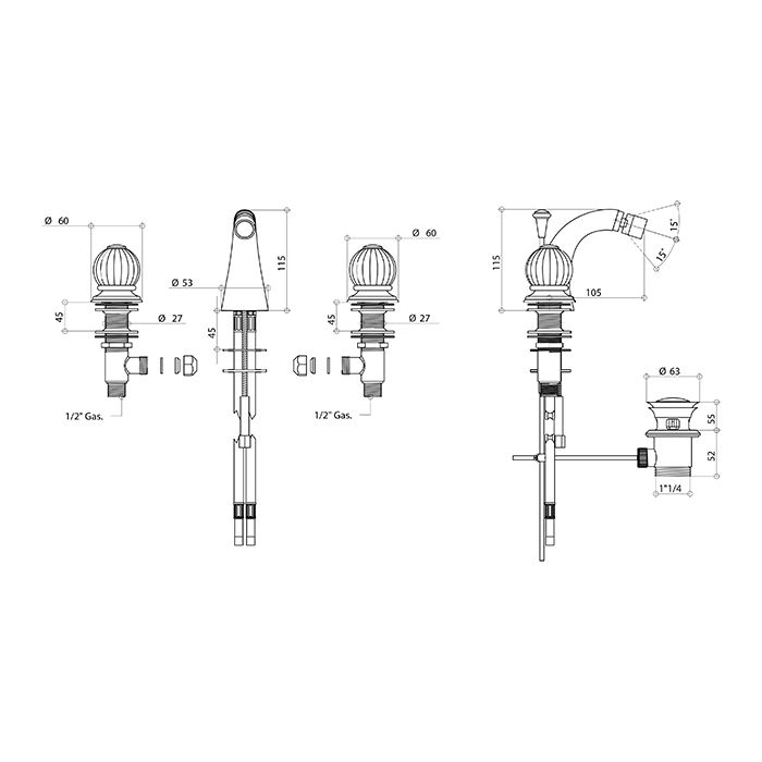 Bongio Rivoli Смеситель для биде, цвет золото/хрусталь