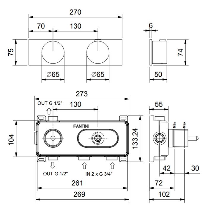 FANTINI AF/21 Смеситель настенный встраиваемый, термостатический, с переключателем на 2 положения, отделка матовая натуральная сталь