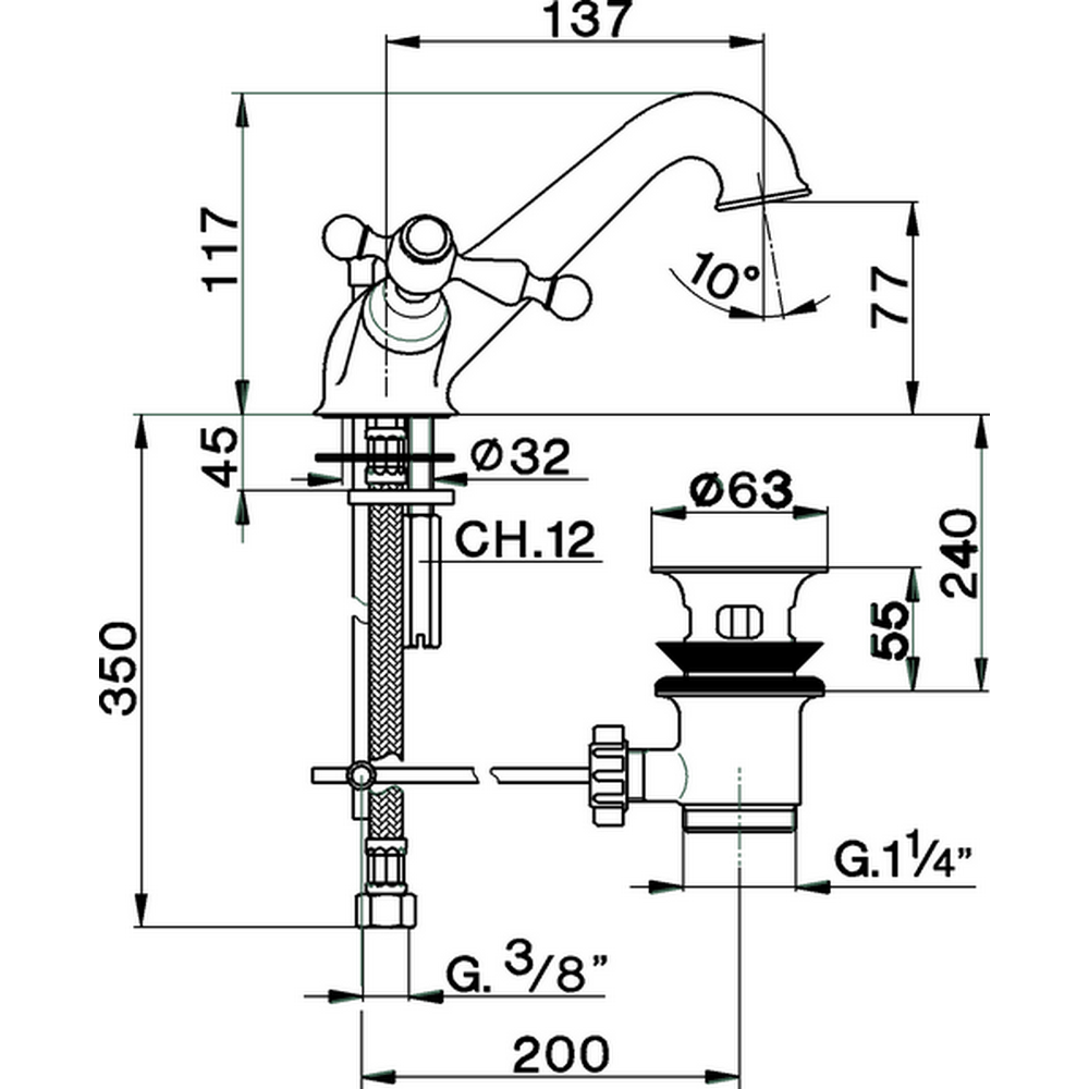 CISAL Arcana America Смеситель двухвентильный для раковины на 1 отверстие с донным клапаном, цвет хром