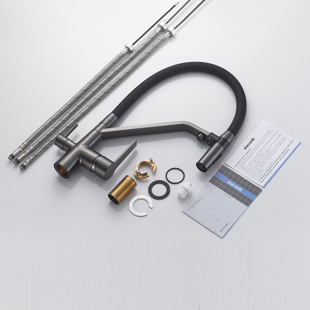 Смеситель для кухни с гибким изливом и подключением фильтра Shevanik S278T, оружейная сталь