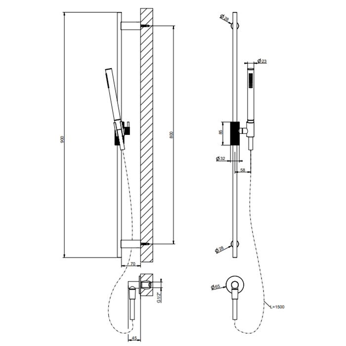 Gessi Anello Штанга в комплекте с душевой лейкой, шланг 1,50 м и вывод воды, цвет Black Metal Brushed PVD
