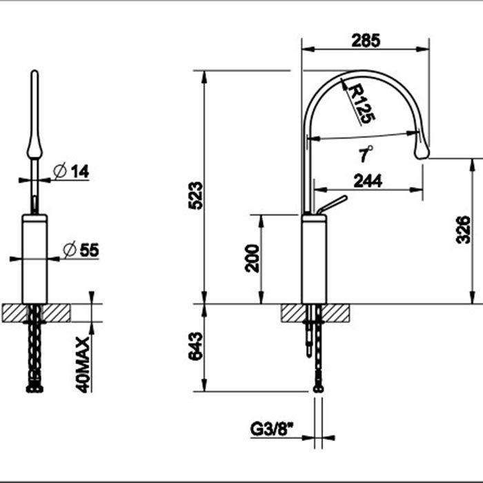 Gessi Goccia Смеситель для раковины на 1 отверстие, высокий, излив 244мм R=125, с фиксированным носиком,  цвет: черный