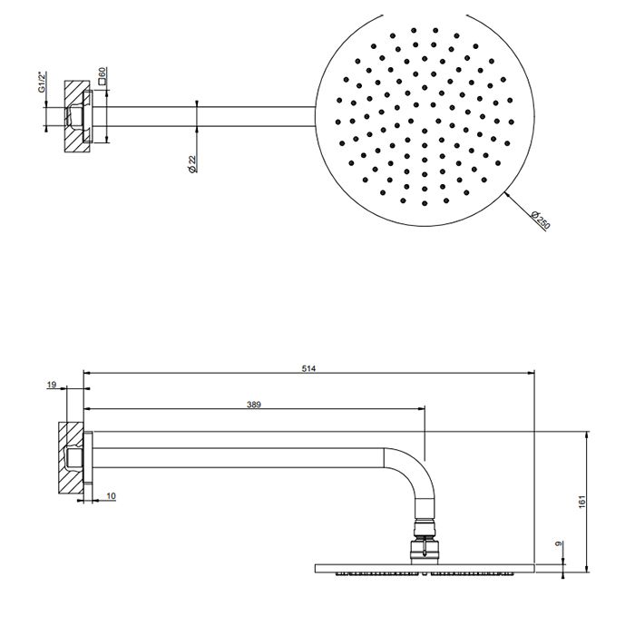 GESSI Rilievo Душевая головка шарнирная для настенного крепления на 1/2” Ø250мм, цвет: nero XL