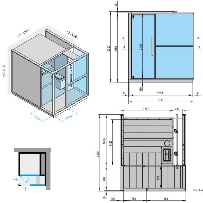 Effegibi Logica S Сауна с душем, угловая R.H., DX, 214x250xh226см, отделка: Soft Sand