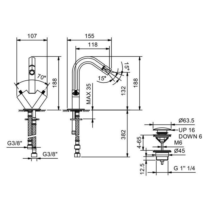 Fantini Venezia Смеситель для биде, 1 отв., с донным клапаном, излив 120мм, цвет: Matt Copper PVD