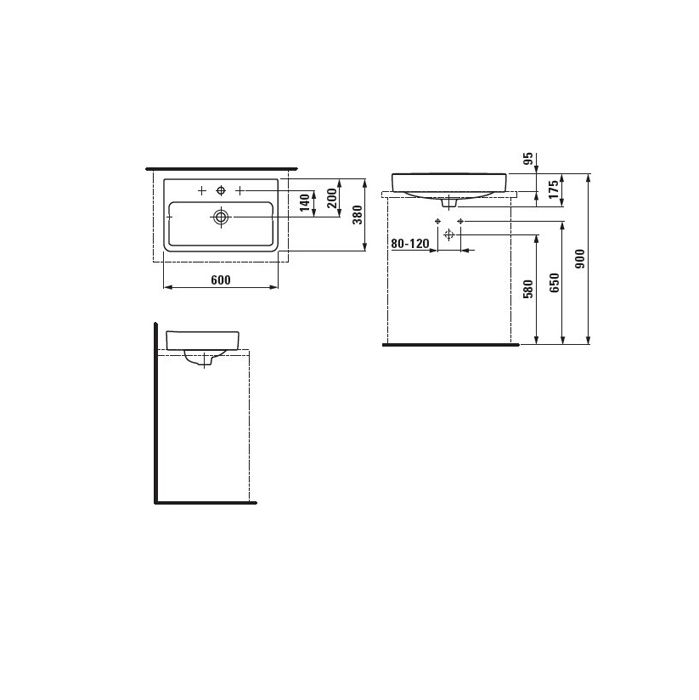 LAUFEN Pro S Раковина укороченная, для установки на поверхность, 600x380x95 мм, отверстие для смесителя по центру, белый
