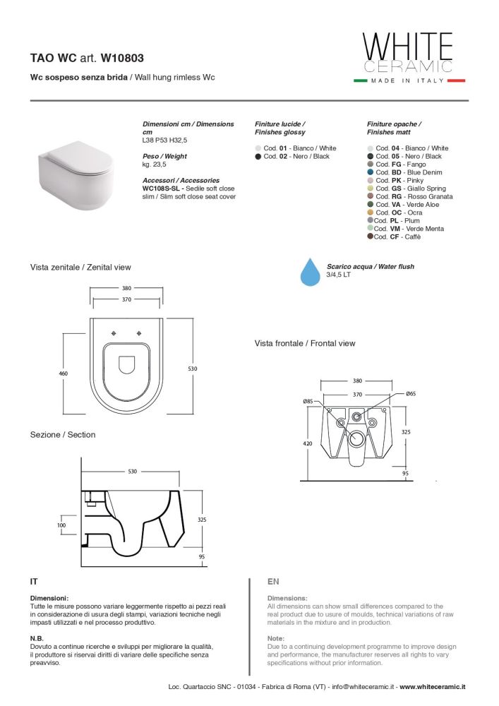White Ceramic Tao, подвесной безободковый унитаз 53x38x32,5h см, в комплекте с крепежом и сиденьем микролифт WC108S-SL, цвет белый глянцевый, артикул W1080301