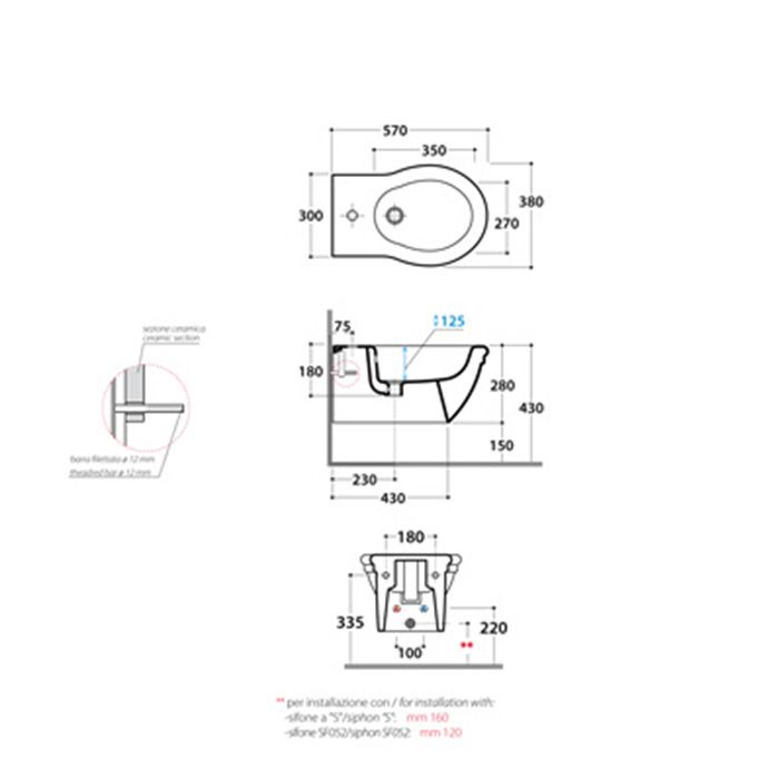 GLOBO Paestum Биде подвесное 57*38см с 1 отв. под смеситель, с комплектом креплений, цвет: белый