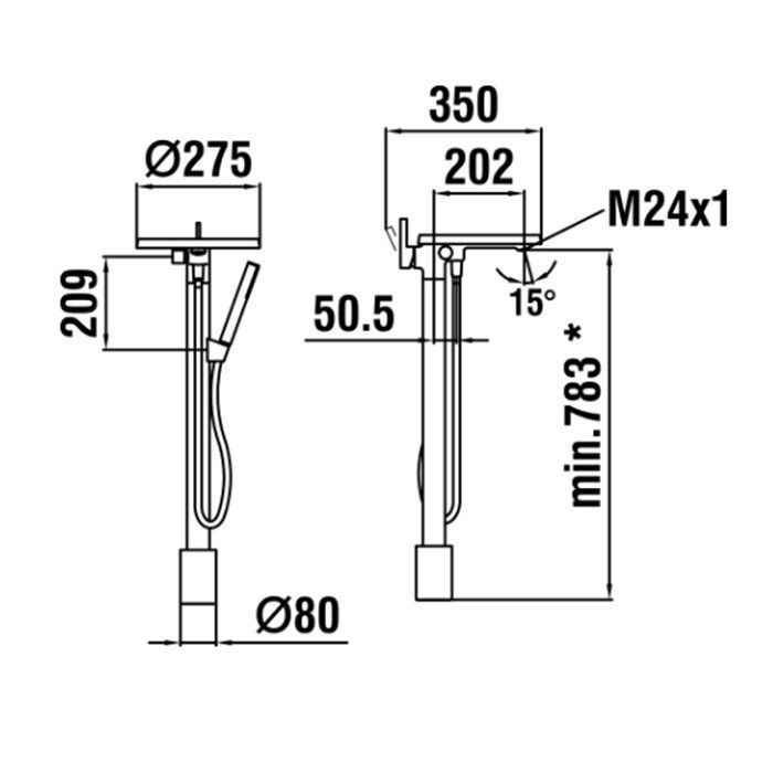 Laufen Kartell Смеситель для ванны на 1 отв, напольный с ручным душем, цвет: хром (,без встроенной части HF503000000000), артикул 3.2133.1.004.121.1