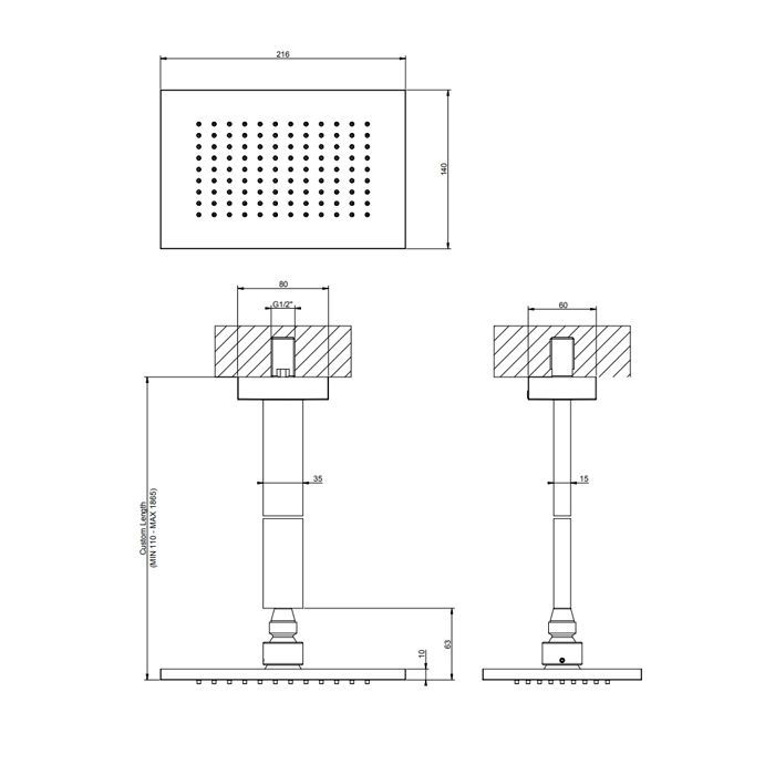 Gessi Rettangolo Верхний душ для потолочного крепления 216x140мм, высота от 115 до 1865мм, цвет: черный