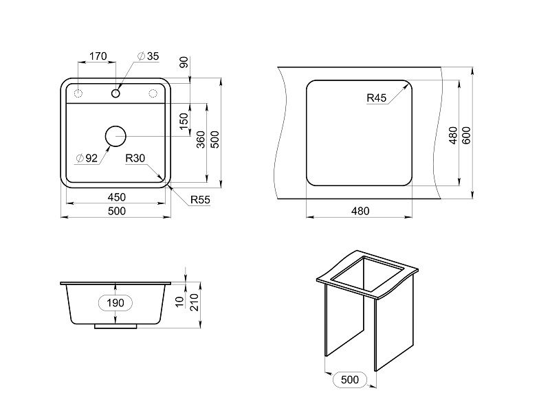Кухонная мойка GRANULA Стандарт (5001, ЧЁРНЫЙ), артикул 5001, ЧЁРНЫЙ