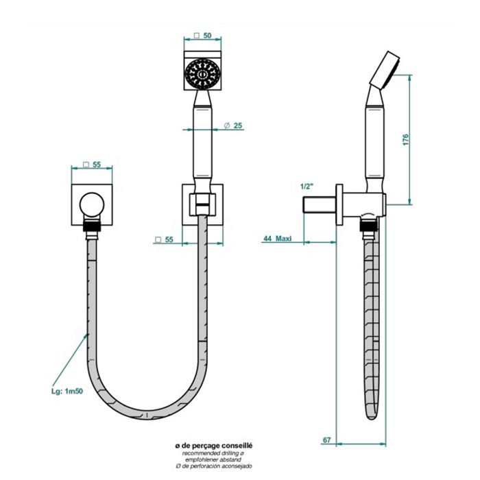 THG GINKGO Душевой комплект с ручным душем, шланг 1500 мм., держатель и подвод воды, цвет полированное золото