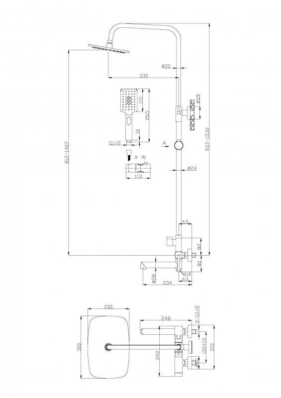 ACQUA Душевая стойка со смесителем для ванны, верхним и ручным душем, хром ACQUA-VSCM-CRM, артикул ACQUA-VSCM-CRM