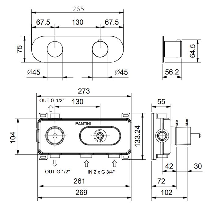 FANTINI AA/27 Смеситель настенный встраиваемый, термостатический, с переключателем на 2 положения, внешняя часть, отделка Matt Gun Metal PVD