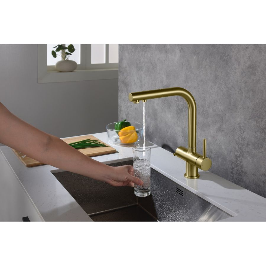 Смеситель для кухни с подключением фильтра и выдвижной лейкой Timo Saona 2356/17FL золото матовое, артикул 2356/17FL