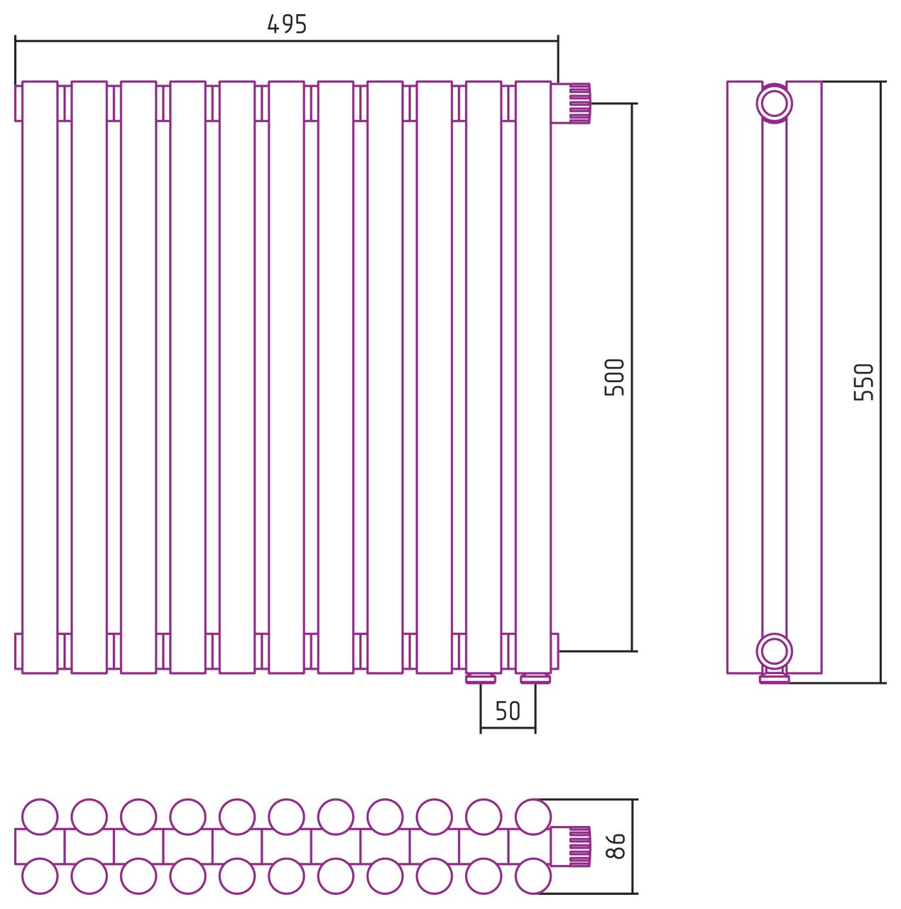 Отопительный радиатор ЭСТЕТ-11 н/ж EU50 500х495 / 11 сек (Состаренная БРОНЗА)