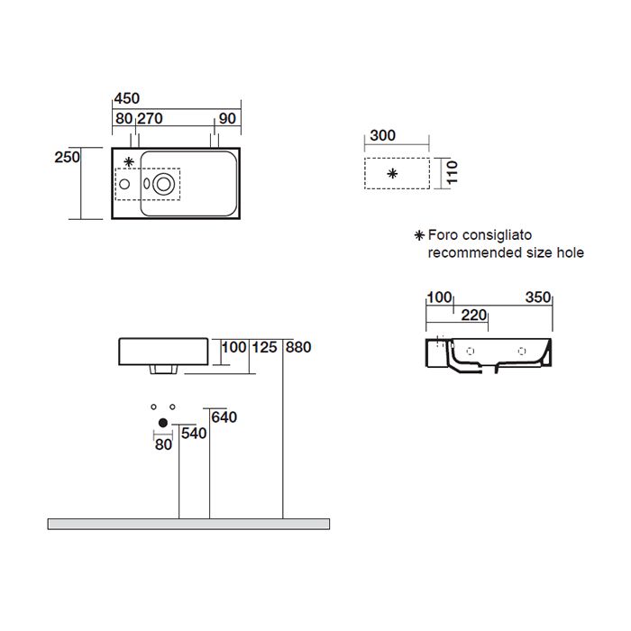 KERASAN Cento раковина подвесная 45х25см с 1отв под смеситель слева - SX, (с отверстиями для крепления к стене), цвет белый KERASAN Cento раковина подвесная 45х25см с 1отв под смеситель слева - SX, (с отверстиями для крепления к стене), цвет белый