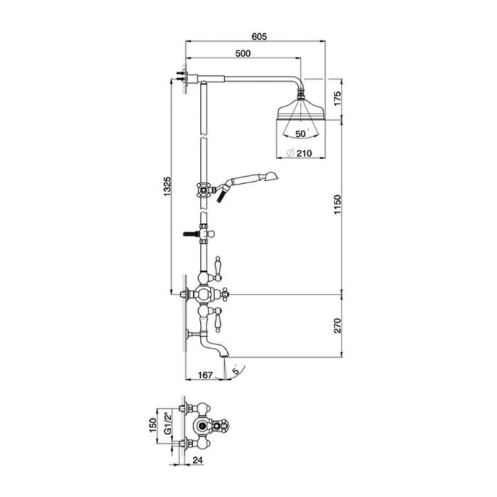 CISAL Arcana Toscana Термостатический смеситель для ванны/душа с душевым комплектом и верхним душем, цвет Vecchio Bronzo/белый