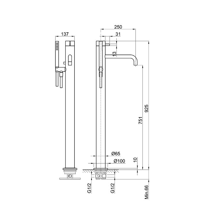 Fantini AF/21 Смеситель для ванны, напольный, с ручн душем, излив 250мм, (наружняя часть), цвет: матовая натуральная сталь