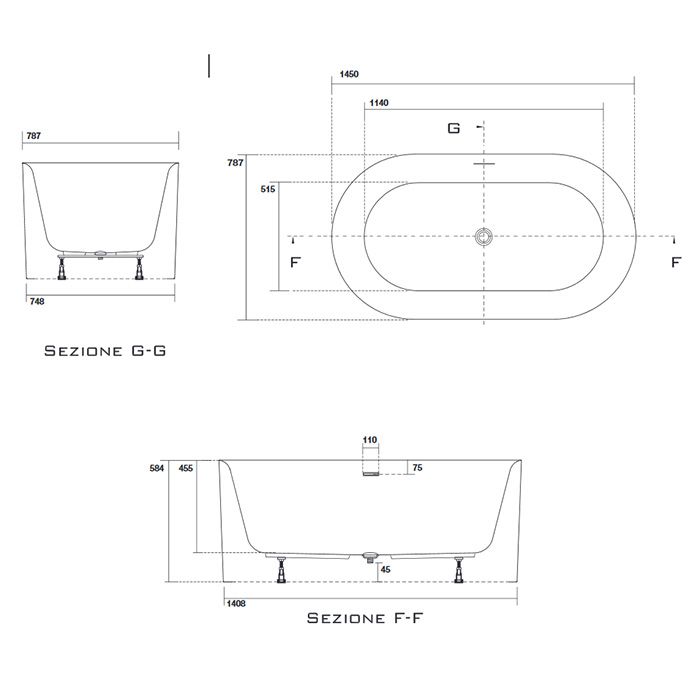 Kerasan Nolita Ванна акриловая  отдельностоящая 145х78х58 см, с пробкой clic clac.цвет белый