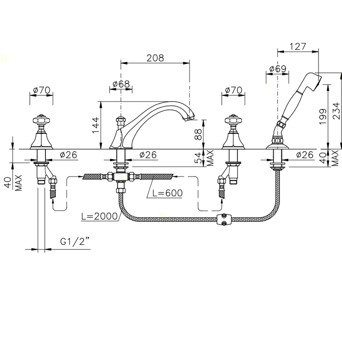 Nicolazzi Teide Смеситель на борт ванны, 4 отв., излив: 223 мм, с ручным душем, ручки Crystal handle, цвет: хром