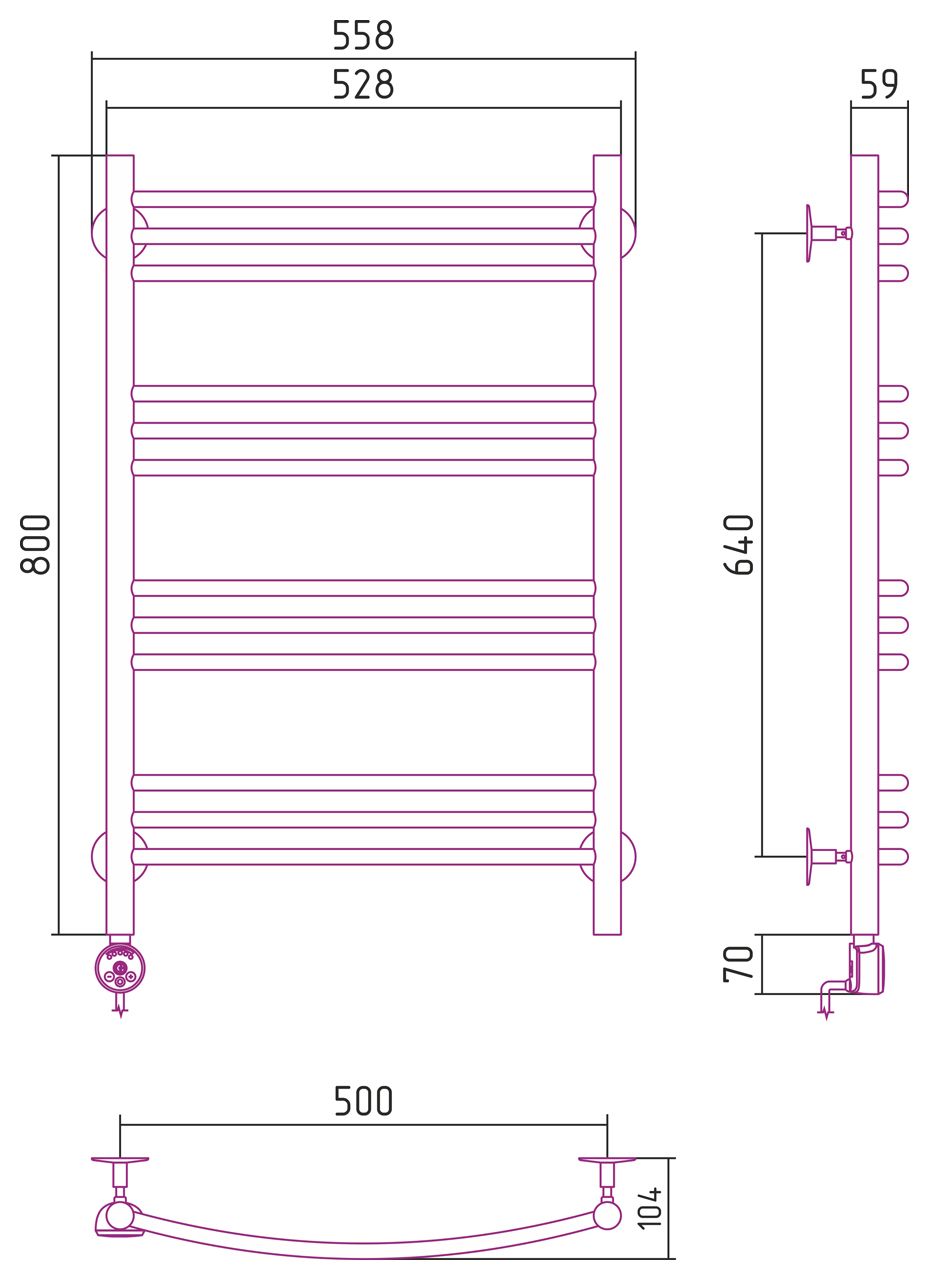 Электрический полотенцесушитель СТИЛЬЕ "Формат 10 ТЛ" 800х500 (3+3+3+3) Г16 (Без покрытия)