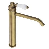 ERMITAGE MINI Смеситель для раковины моноком. высокий, излив 18см, ручка сверху, белый/бронза