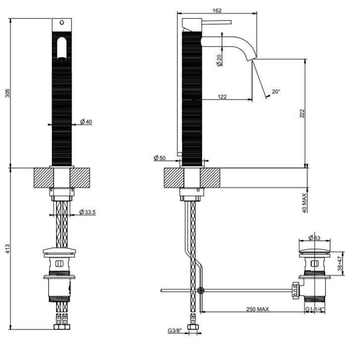 GESSI 316 Смеситель для раковины на 1 отверстие, высокий, h=305мм, с донным клапаном, излив 123мм, цвет: brushed black metal pvd GESSI 316 Смеситель для раковины на 1 отверстие, высокий, h=305мм, с донным клапаном, излив 123мм, цвет: brushed black metal pvd