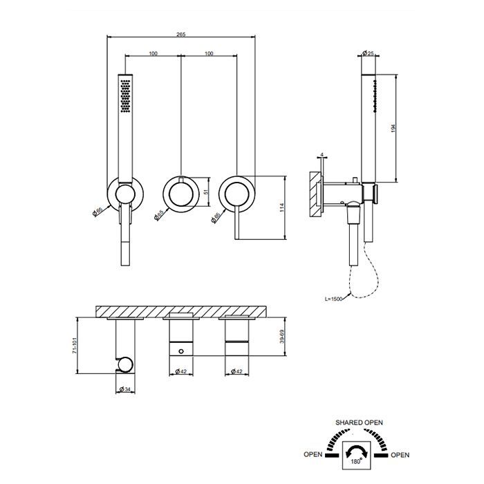 GESSI 316 Смеситель встраиваемый на 2 источника. с подводом воды, ручной лейкой, цвет Steel Brushed (внешняя часть)