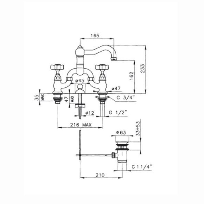 Nicolazzi P.m. Blanc Смеситель для раковины на 3 отверстия, с донным клапаном, ручки белая керамика, цвет: тёмная бронза