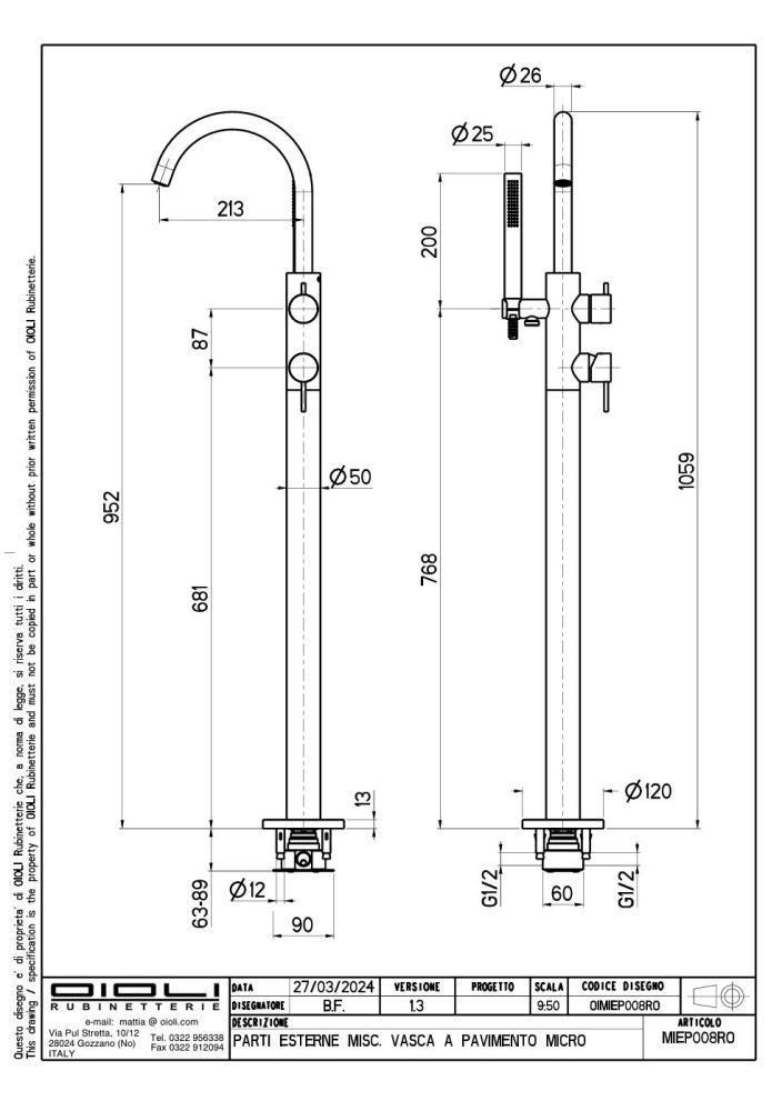 Oioli Micro, однорычажный напольный смеситель для ванны (излив 21.3 см), без вн/ч OIPIVP35001E, цвет оружейная сталь