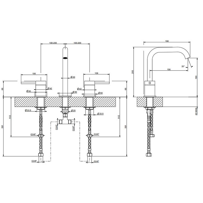 GESSI 316 Смеситель для раковины на 3 отверстия, без донного клапана, излив 156мм, h=201мм, цвет: warm bronze brushed pvd