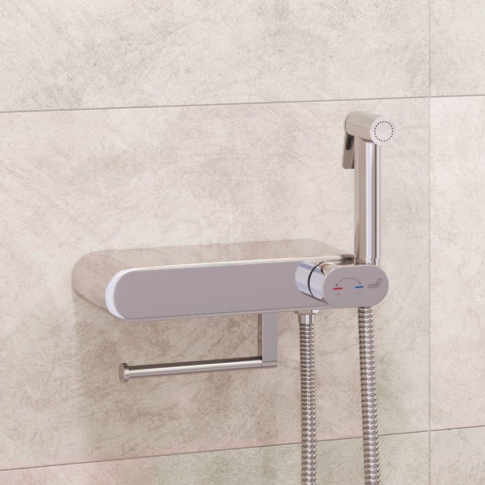 Смеситель с полочкой и держателем туалетной бумаги, с гигиеническим душем - RGW SP-222, хром, артикул 581408222-01