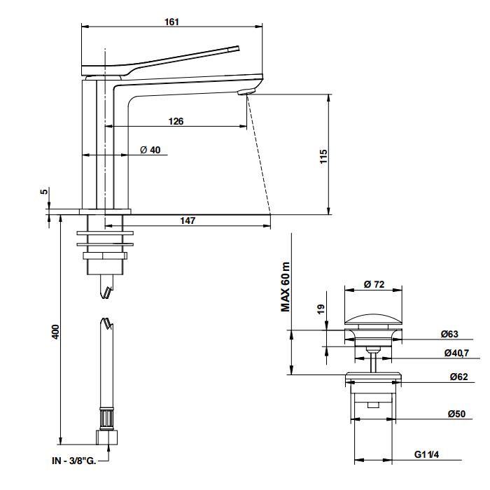 Bongio GIO2 Смеситель для раковины на 1 отв., излив 126 мм, цвет: хром
