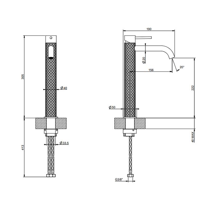 GESSI 316 Смеситель для раковины на 1 отверстие высокий, без донного клапана, h=305мм , излив 123мм, цвет: brushed black metal pvd