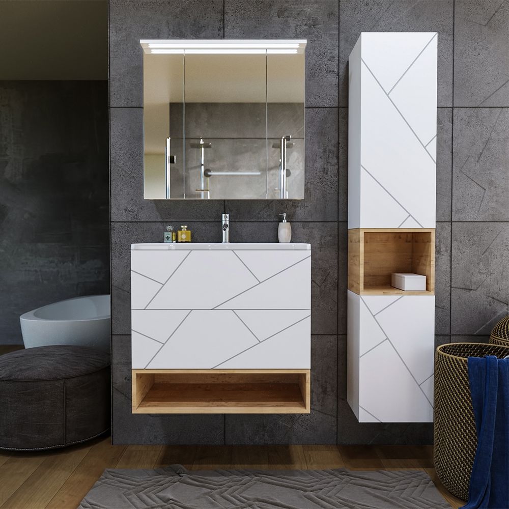 Тумба с раковиной и нишей Бриклаер КРИСТАЛЛ 80B, белый/дуб бунратти, артикул КРИСТАЛЛ 80B