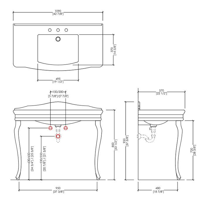 Devon Colette Консоль (109х57хh85/95 см):керамич. раковина. c 3отв, цвет: белый, с 2-мя керамическими ножками, цвет: белый, артикул DECOLETTEBI3FGBI
