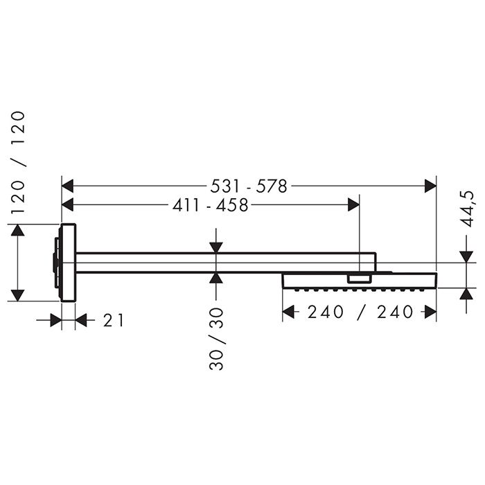 AXOR SHOWERS Верхний душ 240x240 мм., с настенным держателем 411-458 мм., внешняя часть, цвет полированный черный хром AXOR SHOWERS Верхний душ 240x240 мм., с настенным держателем 411-458 мм., внешняя часть, цвет полированный черный хром