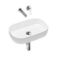 Комплект 4 в 1 Lavinia Boho Bathroom Sink Slim 21510171, накладная фарфоровая раковина 54 см, встраиваемый смеситель со скрытым механизмом, латунный сифон, донный клапан quick-clac