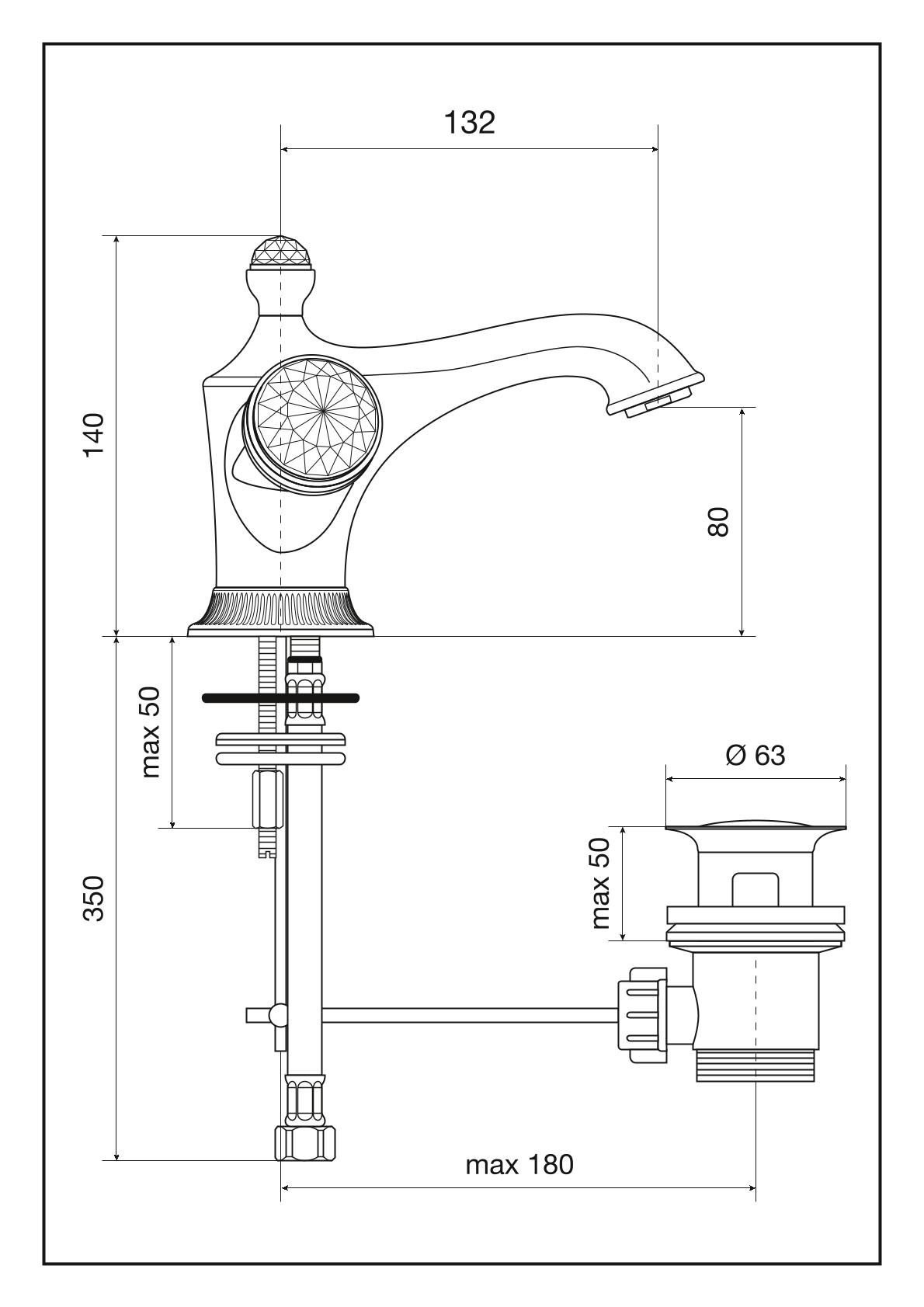 Смеситель The One для раковины. Металлические ручки + большие прозрачные кристаллы, цвет золото