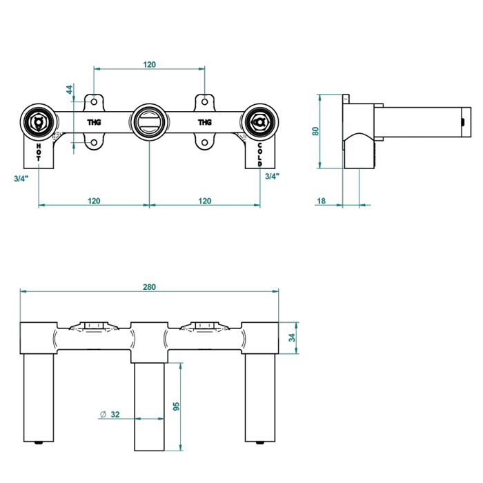 THG General items Встраиваемая часть смесителя для раковины/ванны 3/4" для ручек-рычагов