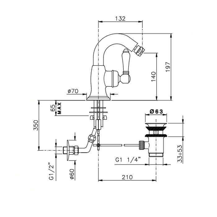 Nicolazzi P.m. Blanc A Смеситель для биде, на 1 отв, с донным клапаном, излив: 132 мм, ручки состаренная керамика, цвет: хром